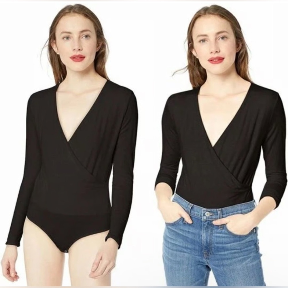 J. Crew V-Neck Faux Wrap Black Long-Sleeved Bodysuit, Size Small